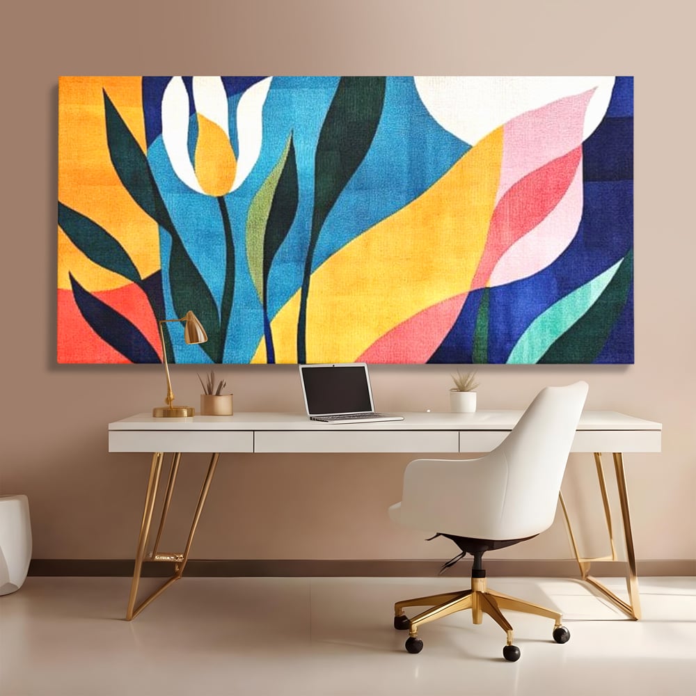 Tablou canvas cu tablou canvas cu flori abstracte, fara rama, pe sasiu de lemn, pe perete intr-un birou